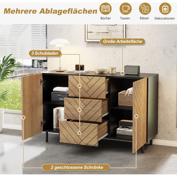 DESVIAE Sideboard mit 3 Schubladen und 2 Schränken 120x76x40 cm Spanplatte Holzoptik Schwarz – Bild 4
