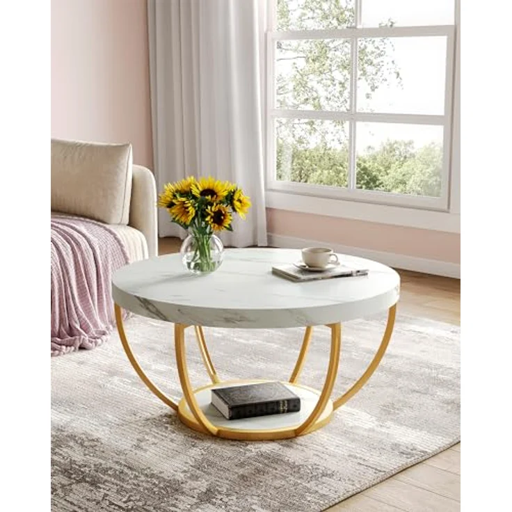 LITTLE TREE Runder Couchtisch, 81,3 cm, runder Couchtisch aus Kunstmarmor, für Wohnzimmer, 2-stöckige goldene Metallbeine, Akzent-Mitteltisch mit offenem Stauraum, modernes Design, Wohnmöbel (Weiß und – Bild 2