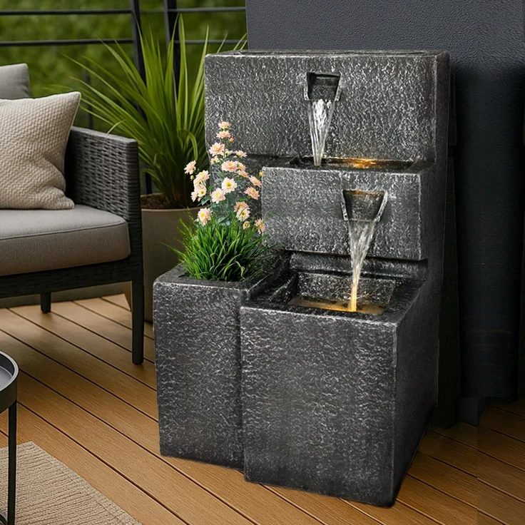 Arnusa Gartenbrunnen Grada Springbrunnen, (Komplett-Set), mit LED Beleuchtung und Pflanzbecken – Bild 1