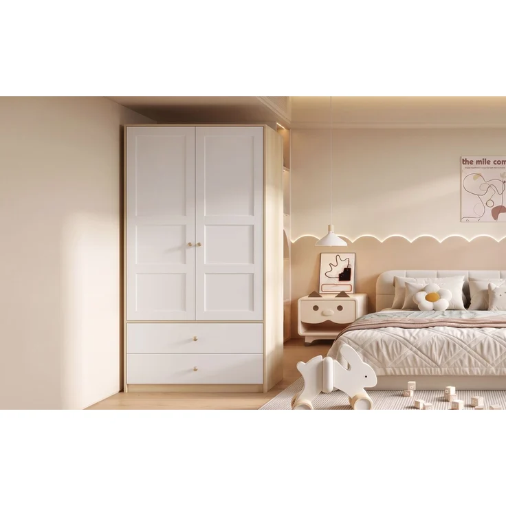 ZUBALIYA Doppeltüriger Kleiderschrank, 2-türiger Kleiderschrank, mit 2 Schubladen und Kleiderstange, Schlafzimmermöbel, Garderobenschrank, Kleiderschrank mit Kleiderstange, 100 x 48 x 180 cm,Weiß und Holzoptik – Bild 24
