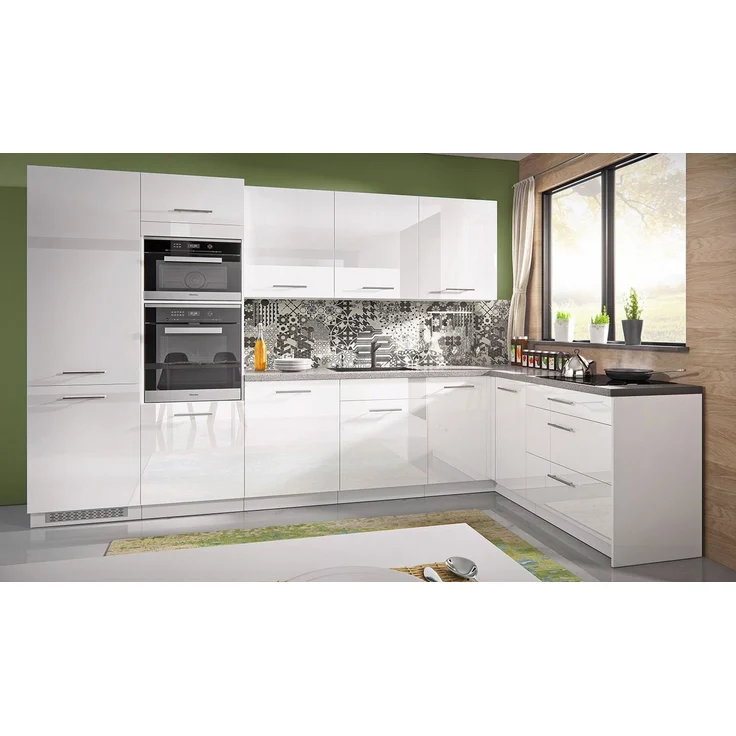L-Form Küchenzeile Essen Trend Einbauküche 345x188cm perlweiß Front weiß Acryl Hochglanz – Bild 5