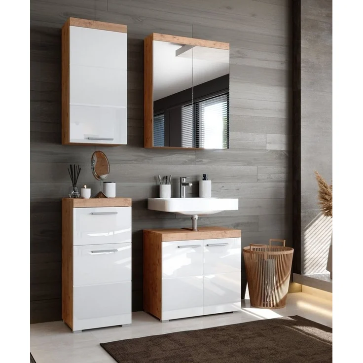 Newroom Kommode Wildeiche 37 cm, Wildeiche Weiß Hochglanz Kommode Badezimmer Schrank mit viel Stauraum – Bild 2