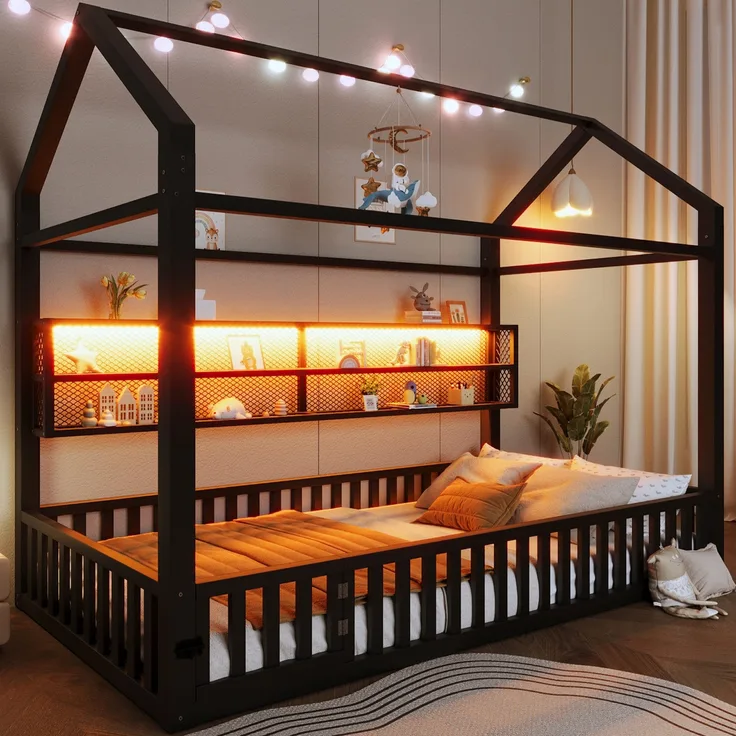 Hausbett mit LED-Beleuchtung, Tür und Regal, 90x200cm, Kinderbett ohne Lattenrost, Einzelbett, Metallbett