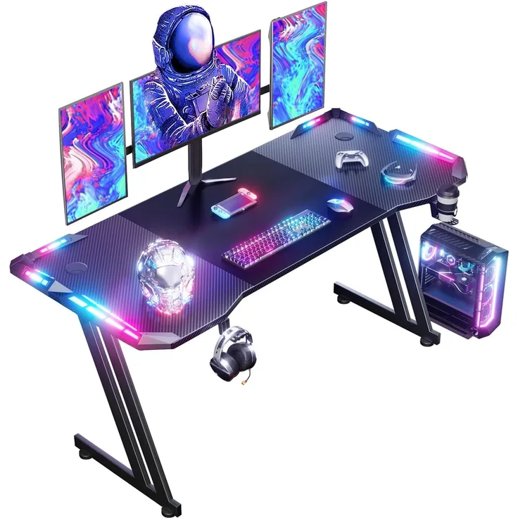 RGB Gaming Schreibtisch mit Fernbedienung mit LED-Beleuchtung Belastbar Arbeitstisch Gaming-Tisch Gaming-PC Computertisch Mit Getränkehalter und Kopfhörerhaken (60x160 cm)