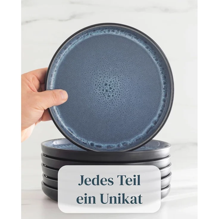 Steingut Geschirrset 4 Personen Ibiza 16-tlg - Hochwertiges Mediterranes Steingut Geschirr Set - Schüssel- und Teller Set - Tafelservice 4 Personen - Geschirrsets Pure Living Schwarz Rauchblau – Bild 7