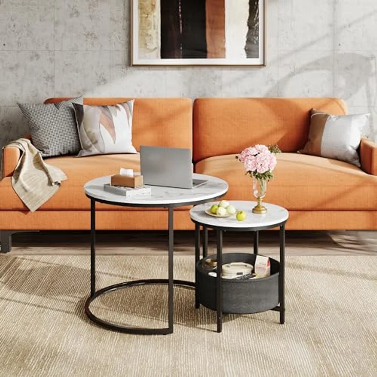 WLIVE Couchtisch 2er Set, Beistelltisch Rund mit Stauraum, Wohnzimmertisch Holz mit Metallrahmen, Sofatisch für Wohnzimmer Schlafzimmer, (Marmor Weiß, 60 cm und 40 cm Durchmesser) – Bild 3