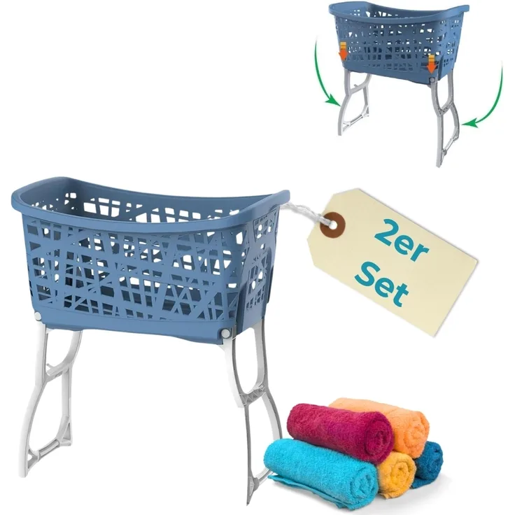 2er Set Wäschekorb mit Füßen Wäschewanne Wäschekorb mit Henkel und Beinen klappbarer Wäsche Korb groß Kunststoff Ständer 44 L