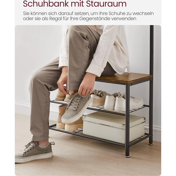 Vasagle Garderobenständer, Kleiderständer mit Schuhablagen, Schuhregal mit Sitzfläche für Flur, mit Haken, Metallrahmen mit matter Oberfläche, von Songmics HSR41BX – Bild 6