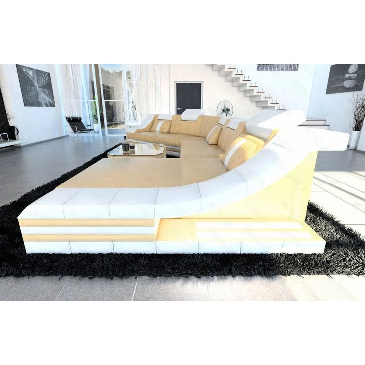Mini Leder Wohnlandschaft Turino CL mit LED - Büffelleder - Sandbeige-Weiss - Rechts – Bild 2