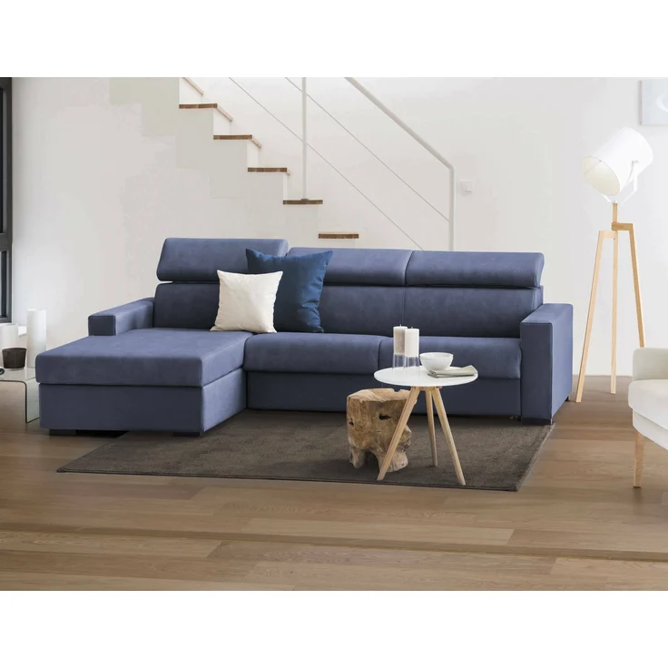 Dmora Sofa mit Halbinsel Aryaly, Stoffsofa, Chaiselongue mit linkem Container, schmale Armlehnen, 100 % Made in Italy, 260 x 95 x 85 cm, Blau – Bild 2