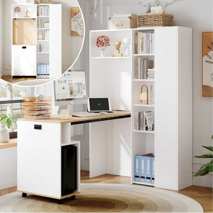 BlingBin Eckschreibtisch Klappbarer Schreibtisch mit Regal (1-St, platzsparendes 2-in-1 Design mit EU-Steckdose und USB-Anschlüssen), Hochschrank mit höhenverstellbaren Böden – Bild 5