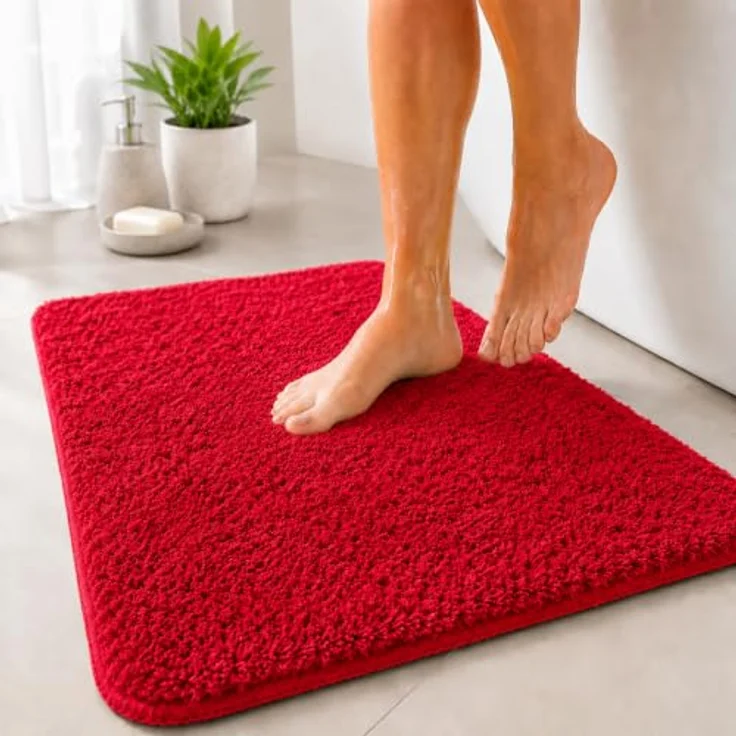 Floordirekt Badematte Sky, weicher Hochflor, rutschhemmend & schnell trocknend, geeignet für Fußbodenheizung, eckig & rund (50 x 60 cm, Beerenrot) – Bild 1