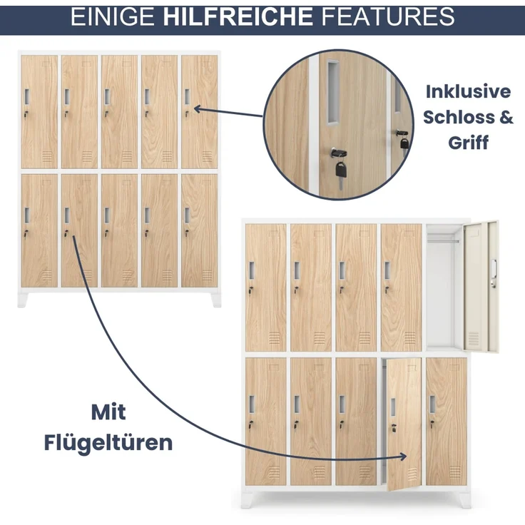 Umkleideschrank Spind BERLIN - 10 Abteile, Etikettenhalter Lüftungsschlitze | Umkleidespind Schließfachschrank Garderobenspind, 172x136x45cm Weiß-Sonoma Eiche – Bild 5