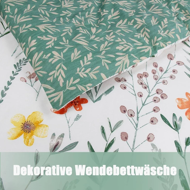 Blumen Bettwäsche 135x200 Baumwolle Reißverschluss 80x80 Kissenbezug Weiß Grün – Bild 3