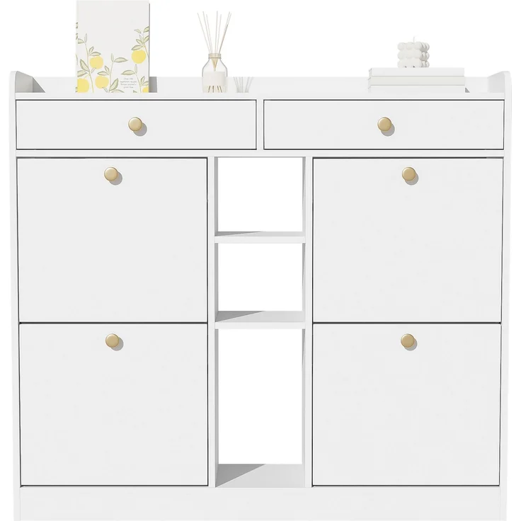 Schuhschrank aus Spanplatte mit 4 Klapptüren, 2 Schubladen & offenen Fächern, 110x26x100 cm, Weiß – Bild 6