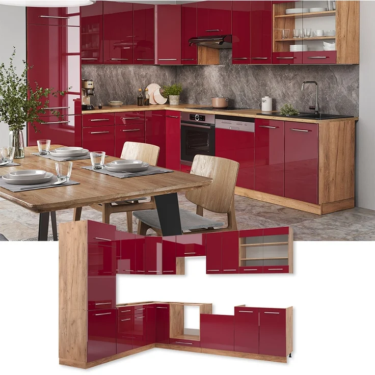 Eckküche Fame-Line Bordeaux Hochglanz/Goldkraft Eiche 287 x 46 cm ohne Arbeitsplatte Vicco – Bild 2
