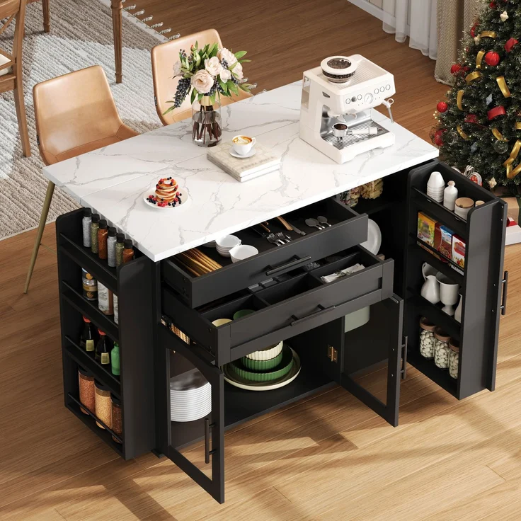 Merax 138cm Mobiler Kücheninsel mit klappbarem Arbeitsbereich, Küchenwagen, 5 Rädern, mehreren Aufbewahrungslösungen, Gewürzregal, Besteckschublade, Schwarz – Bild 2