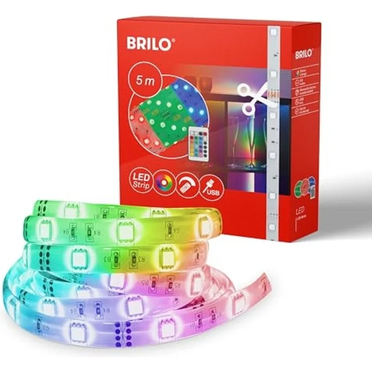BRILONER - USB LED Strip 5m mit Fernbedienung, buntes RGB Licht, kürzbar, LED Streifen, Leiste, Zimmer deko, Gaming Deko, Band, Lichtleiste, Lichtband, 500 x 1 x 0,3 cm, Weiß – Bild 1