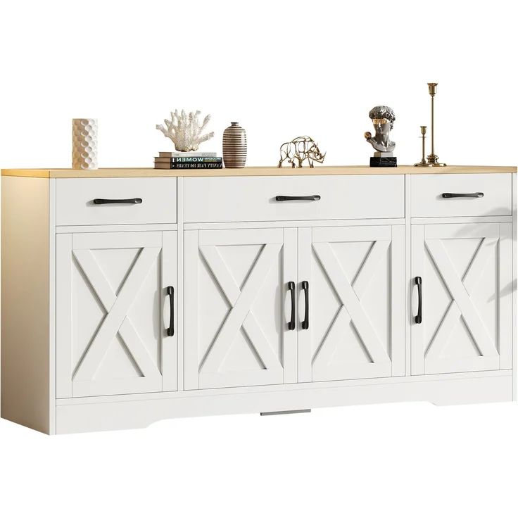 DESVIAE Sideboard aus MDF mit 3 Schubladen und 4 Türen, 160x75x37 cm, Weiß – Bild 7