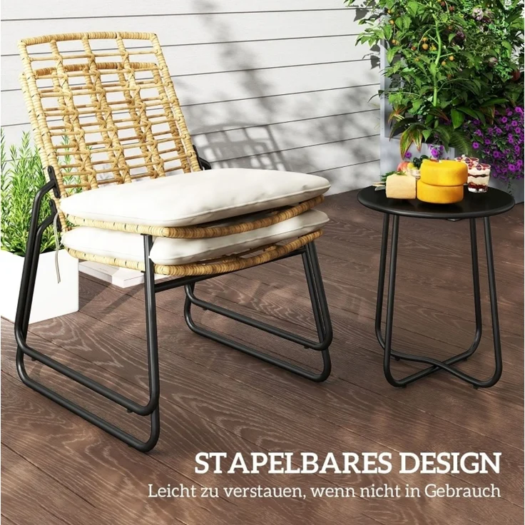 Redom Balkonmöbel-Set 40 x 40 x H 46 cm aus Rattan mit 2 stapelbaren Stühlen in Beige – Bild 3