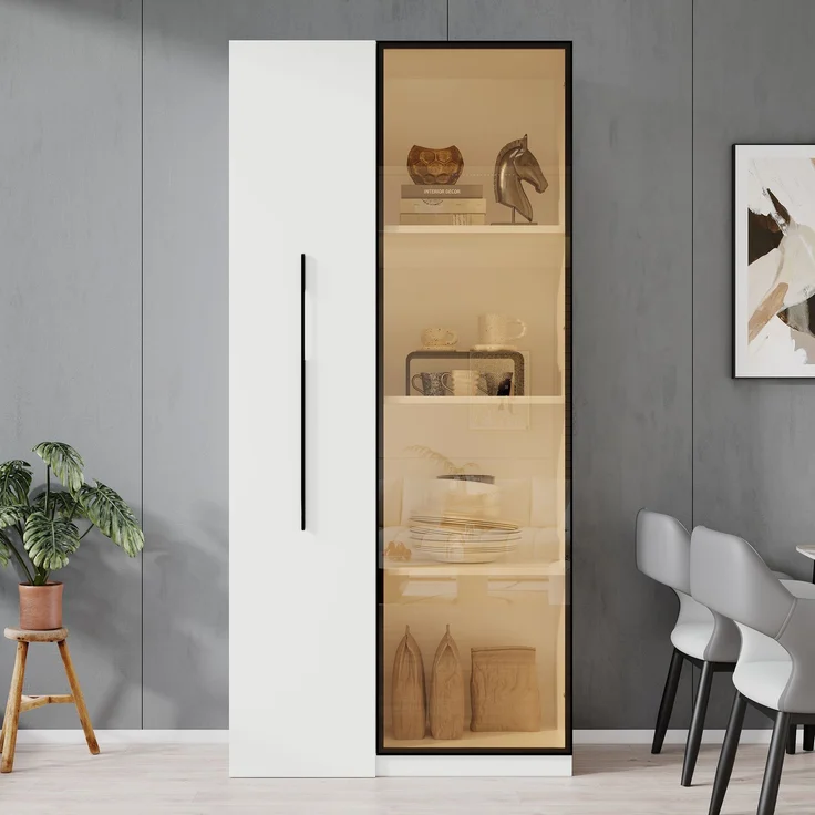 ZUBALIYA Multifunktionsschrank 160 cm hoch – Bücherregal und Vitrine mit Türen aus gehärtetem Glas, Türrahmen aus Aluminium, 1 Tür, 1 seitliche Schublade, mit Rollen und LED-Beleuchtung – Vitrine, Esszimmersch – Bild 5