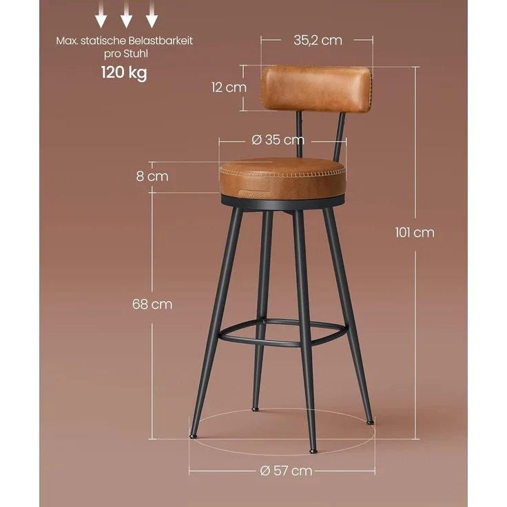VASAGLE EKHO Kollektion - 360° drehbarer Barhocker, 2er Set, Hocker mit Rückenlehne für Bartisch, Kunstleder mit Nähten, Mid-Century-Modern-Stil, 76 cm hoch, Küche, Hausbar, karamellbraun LBC889K01 – Bild 3