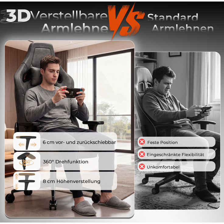 Gaming-Stuhl mit luxuriösem Wildlederimitat – ergonomisch, großzügige Sitzfläche, verstellbare Rückenlehne 90°–135°, 3D-Armlehnen,Grau – Bild 7