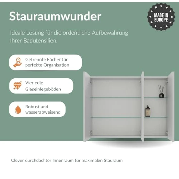 Planetmöbel ARIA Spiegelschrank Bad mit Beleuchtung 90 cm breit | Badschrank hängend mit Spiegel | Weiß Grau, mit Leuchte und Steckdose, Spiegelschrank Gäste WC 90 x 70 x 16 cm – Bild 5
