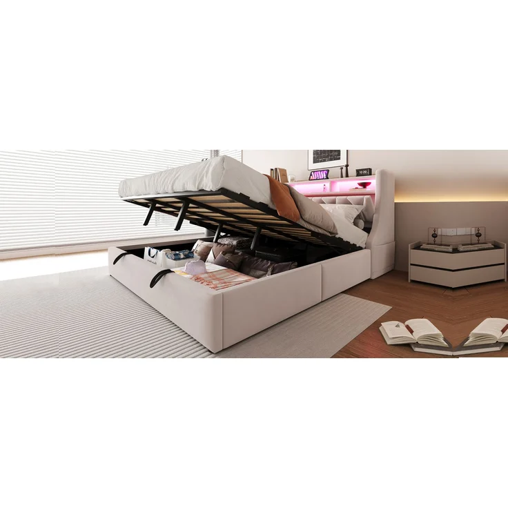 U-life Polsterbett 180x200 cm, fürs Schlafzimmer, hydraulischer Stauraum, klappbar, Steckdose und Ablagefach, LED-Beleuchtung, Sperrholz, Beige – Bild 8