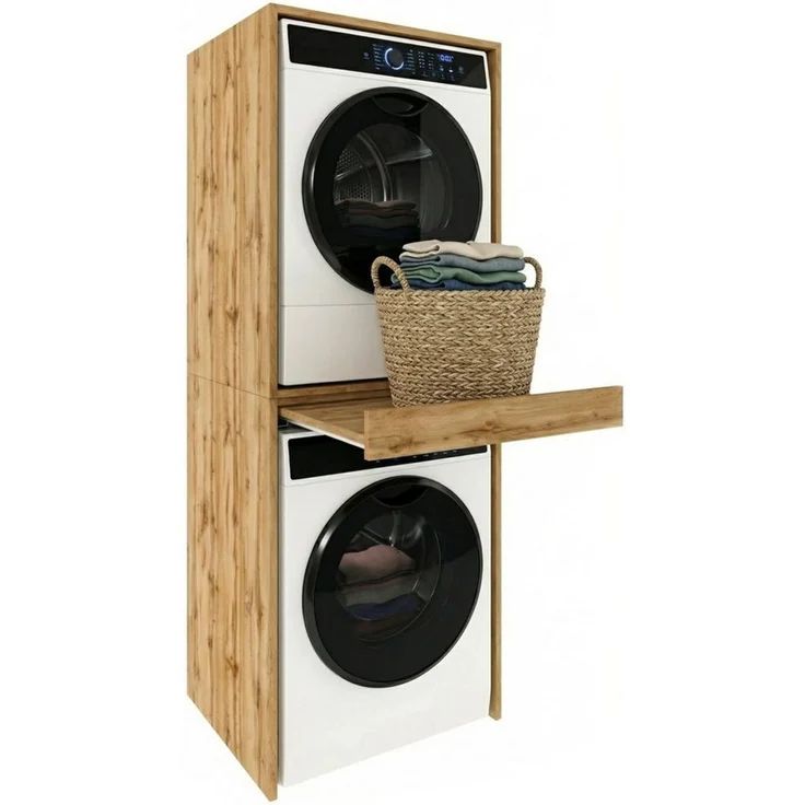 TREND WERK Waschmaschinenumbauschrank 66×64×184 cm - für Waschmaschine & Trockner übereinander (Waschraum Möbel Schrank für Waschküche mit Stauraum) Waschturm für Waschmaschine & Trockner mit Ausziehbrett & Hochschrank – Bild 1