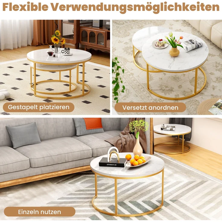 2er-Set Couchtisch aus MDF mit Metallgestell & Marmoroptik, nestbar, 80x45 cm + 60x33,5 cm – Bild 8