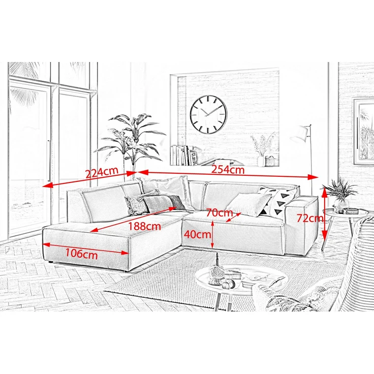 KAWOLA Sofa SAMU Ecksofa Cord hellblau Recamiere links 72 x 224 x 254 cm – Bild 7