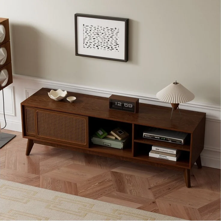 Celya TV-Schrank Mid-Century-Modern-Stil, mit Offene Regale Für TVs bis 65 Zoll (Füße aus Massivholz und Schranktüren aus Rattan) Entertainment-Schrank, Medienkonsole für Wohnzimmer und Medienraum – Bild 3