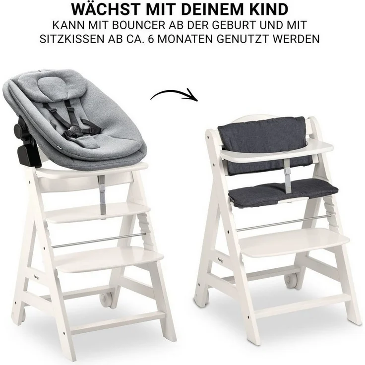 Hauck Hochstuhl Beta Plus White Newbornset 3in1 Bouncer (Set), Holz Babystuhl ab Geburt mit Neugeborenensufsatz, Sitzkissen, Essbrett – Bild 3
