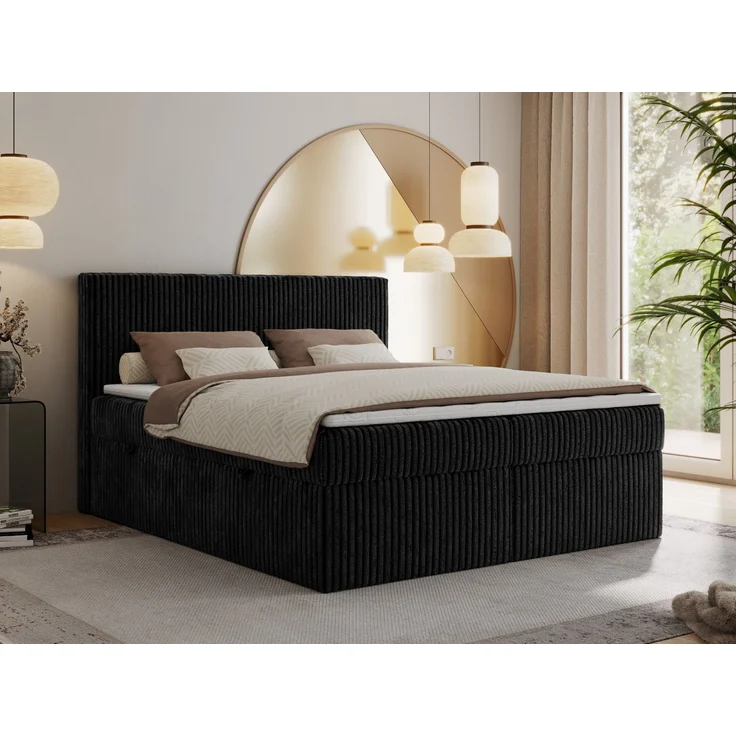 Boxspringbett mit Kopfteil und Topper T25, Cord Bett - TILIANO - 140 x 200 cm - Schwarz Cord - H3 – Bild 1