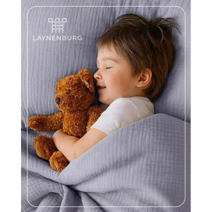 Laynenburg Kinderbettwäsche Musselin 2 teilig aus 100% Baumwolle in 100x135 cm + 40x60 cm, atmungsaktiv & bügelfrei – 3 lagig mit Reißverschluss & Haltebändern