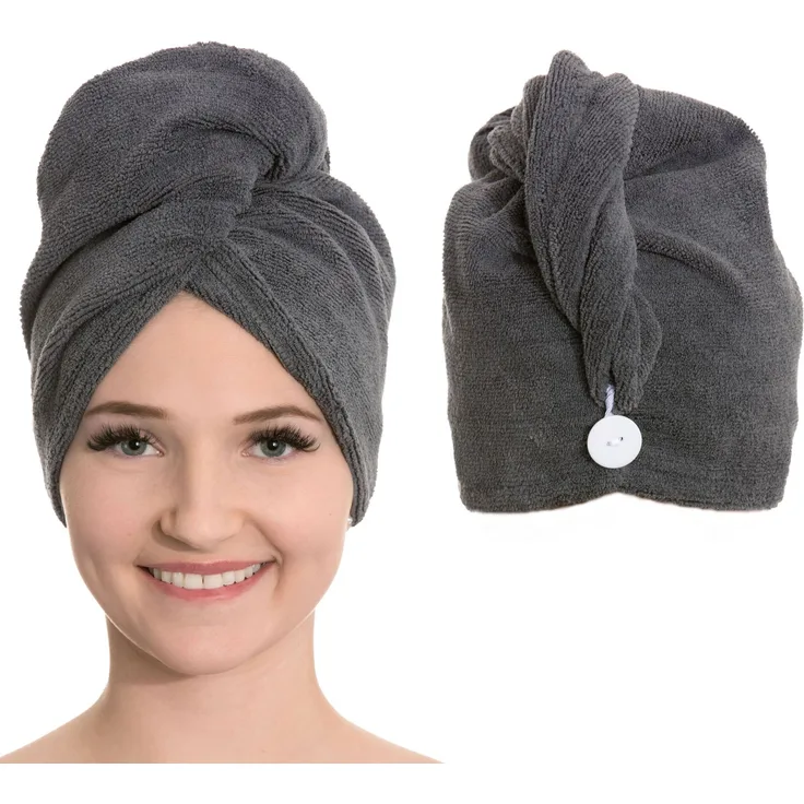 ZOLLNER 2er Set Haarturban / Kopfhandtuch, Mikrofaser, anthrazit, 65 cm lang