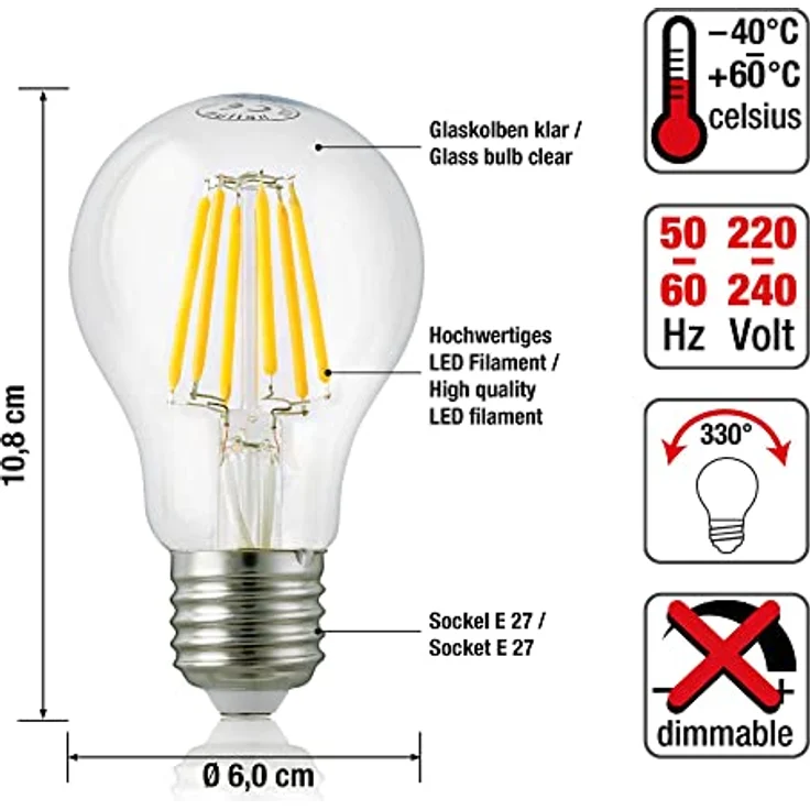 hellum LED Glühbirne E27 7W warmweiß LED Lampe mit 810 Lumen LED Filament, E27 Vintage Led Leuchtmittel ersetzt 60-Watt Glühbirne, 2700 Kelvin warmweiß Klar, 206111 – Bild 2