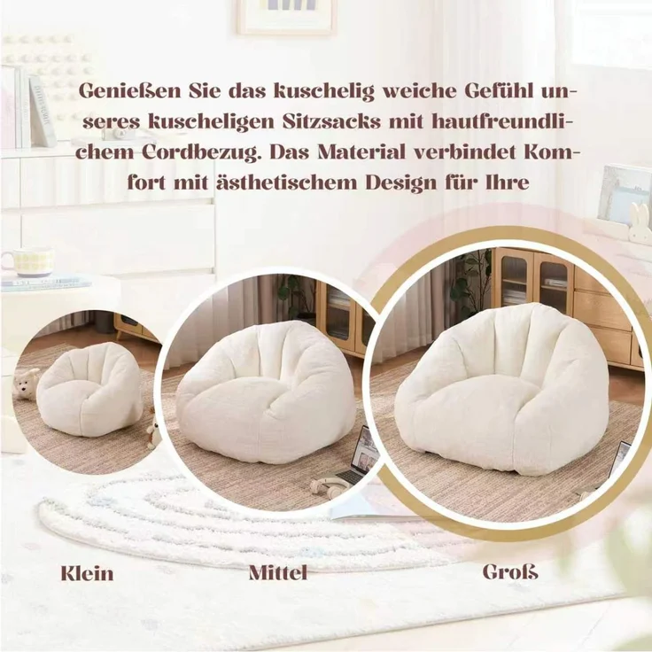 Sitzsack für Erwachsene, flauschiger Loungesessel aus Kunstfell, vakuumverpackt und montagefrei, für Wohnzimmer, Schlafzimmer, Balkon - Groß(Cremefarben)--Weiß--111x123x75cm--YOUDENOVA – Bild 10