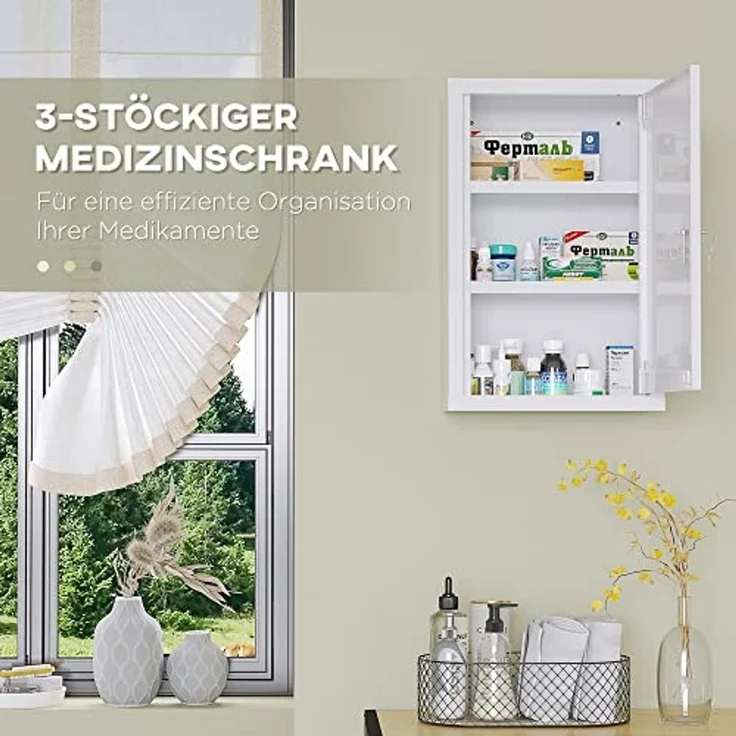 Kleankin Medizinschrank Apothekerschrank mit 3 Schichten (Medikamentenschrank, 1-St, Arzneischrank) Stahl, Weiß, 30 x 14 x 46 cm – Bild 5