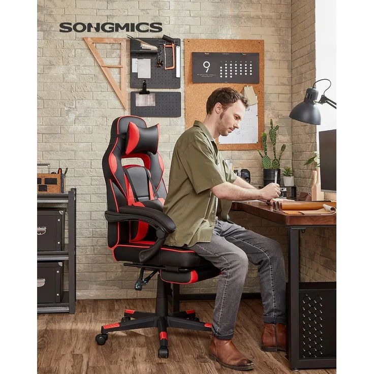 Songmics Bürostuhl, ausziehbare Fußstütze, Kopfkissen, Lendenkissen, höhenverstellbar, ergonomisch, neigbare Rückenlehne, bis 150 kg belastbar, schwarz-rot – Bild 2