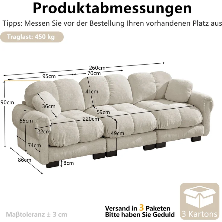 DESVIAE Sofa 3-Sitzer mit Steppnähten 260x86x90 cm Chenille Hellkhaki – Bild 10