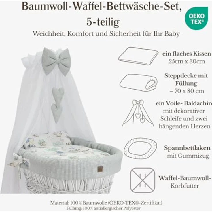 Wiklinopol Stubenwagen aus Weide mit Baldachin und Gestell Lena – Moseskorb in Weiß, Komplettset mit 5-TLG. Waffel-Bettwäsche Igel & Freunde Grau – Mit Rollen, Tragbar, Sicher – Bild 6