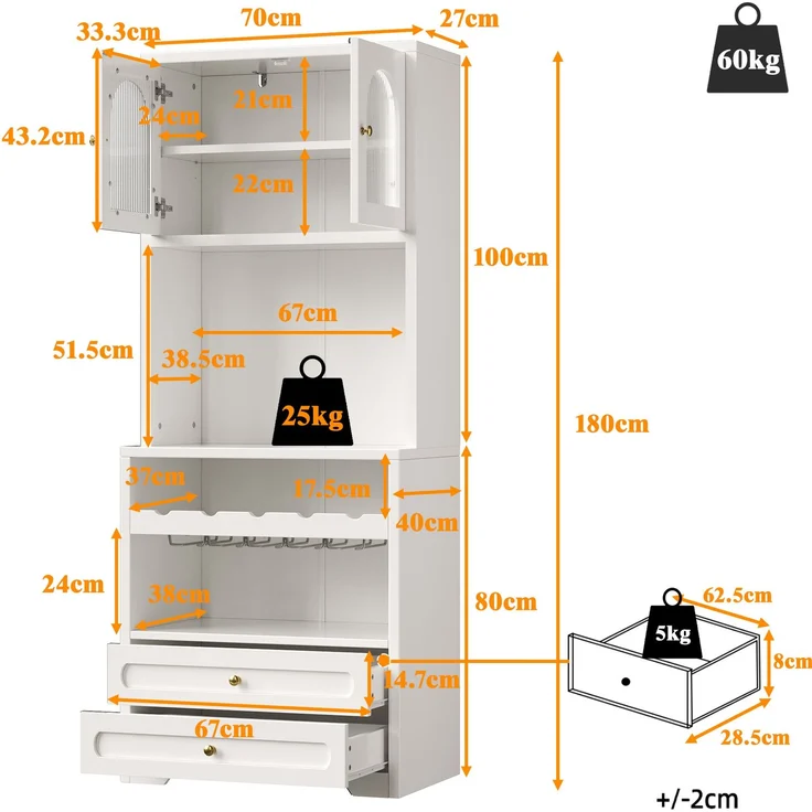 Hochschrank mit Glastüren, LED-Beleuchtung & Weinregal, 140x40x180 cm, Weiß – Bild 7