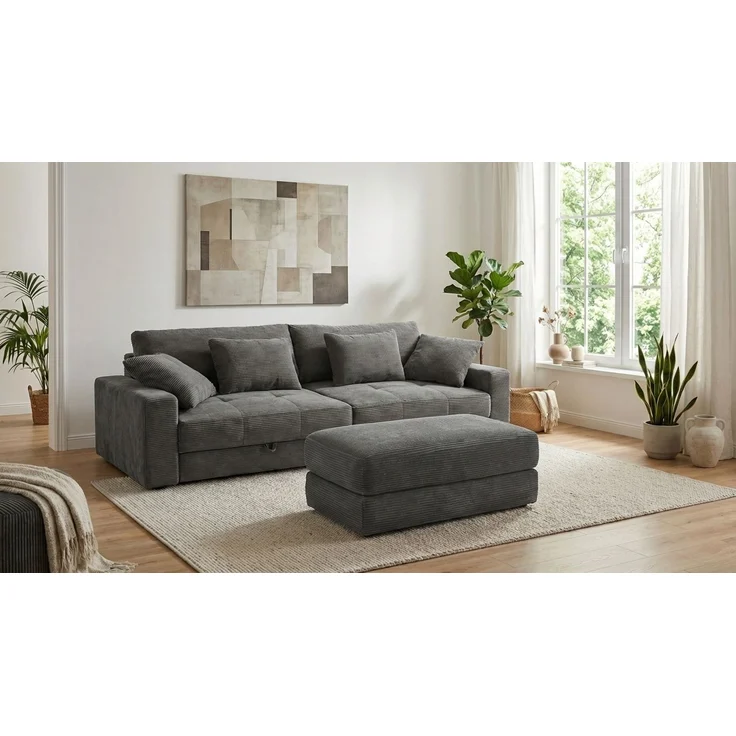 Polsterhocker 124x60 cm Federkern Sitzbank Designerhocker Cord Dunkelgrau – Bild 4