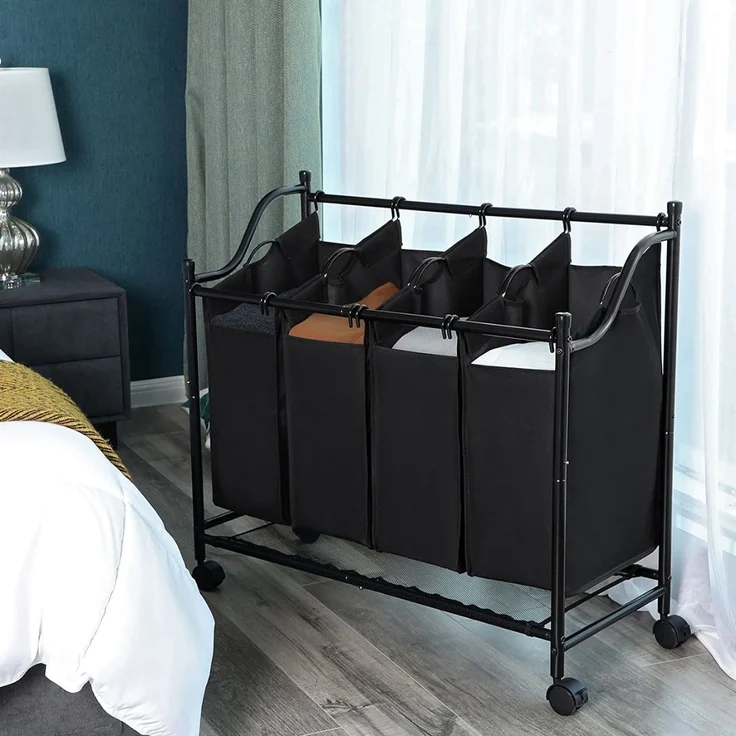 Songmics Wäschesammler auf Rollen mit 4 Fächern, Polyester Grau, 4x35 L / 87,5 x 38,5 x 67/81 cm – Bild 4