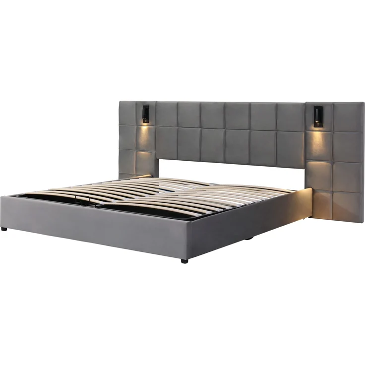 Polsterbett 160x200 cm mit Hydraulik, Leselicht & USB, Grau Samt, Karomuster – Bild 9