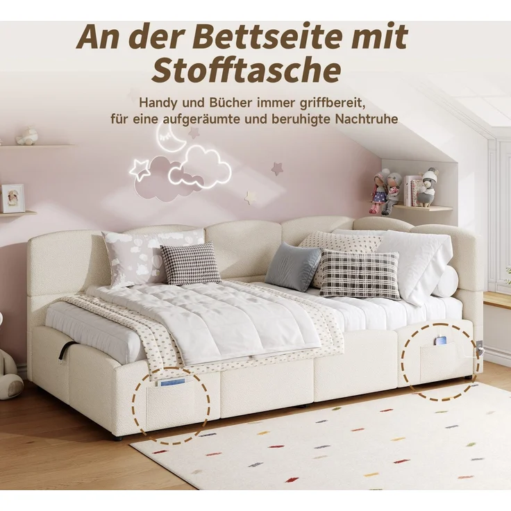Polsterbett mit Aufbewahrung, Taschen, Lattenrost, USB und Type-C, 90x200 cm, Einzelbett mit gepolstertem Kopfteil, Samt – Bild 5