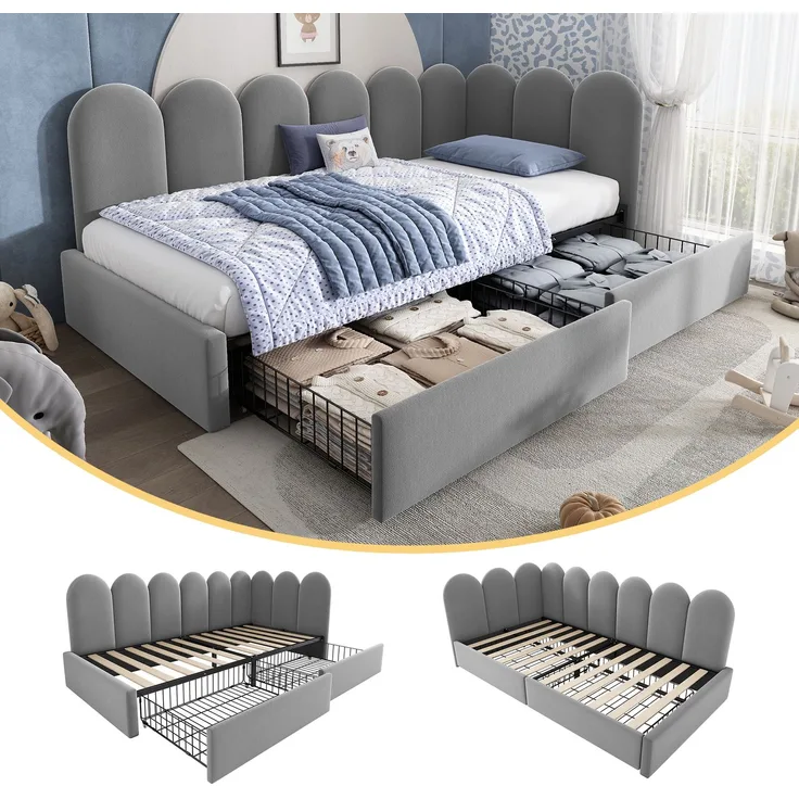 EINHOM Polsterbett Einzelbett mit Schubladen Stauraumbett Samt Daybett Tagesbett Schlafsofa 90 x 200 cm mit Lattenrost Jugendbett und Erwachsene Kinderbett, Grau (Ohne Matratze)