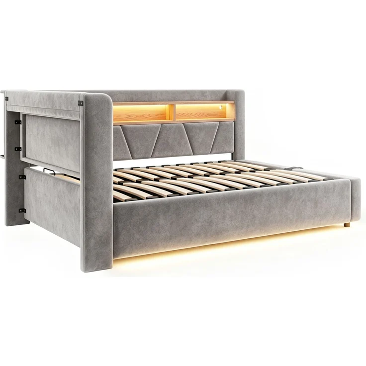 Schlafsofa Samt mit Stauraum, USB-Anschluss & LED, 140x200 cm, Grau, ohne Matratze – Bild 9